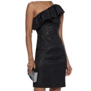 Halston one shoulder black metallic party mini dress size 2